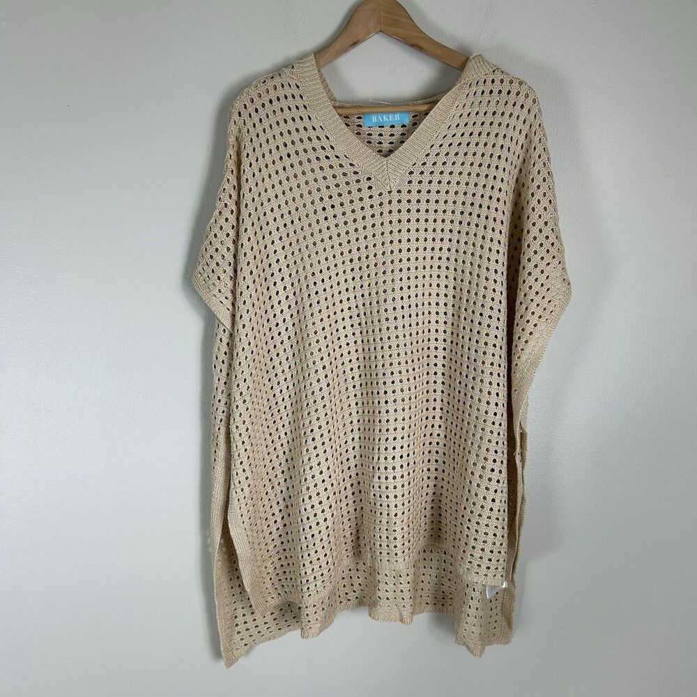 Mason Baker Crochet Cover Up Brown Caftan Hooded Beach Coastal Lagenlook Open